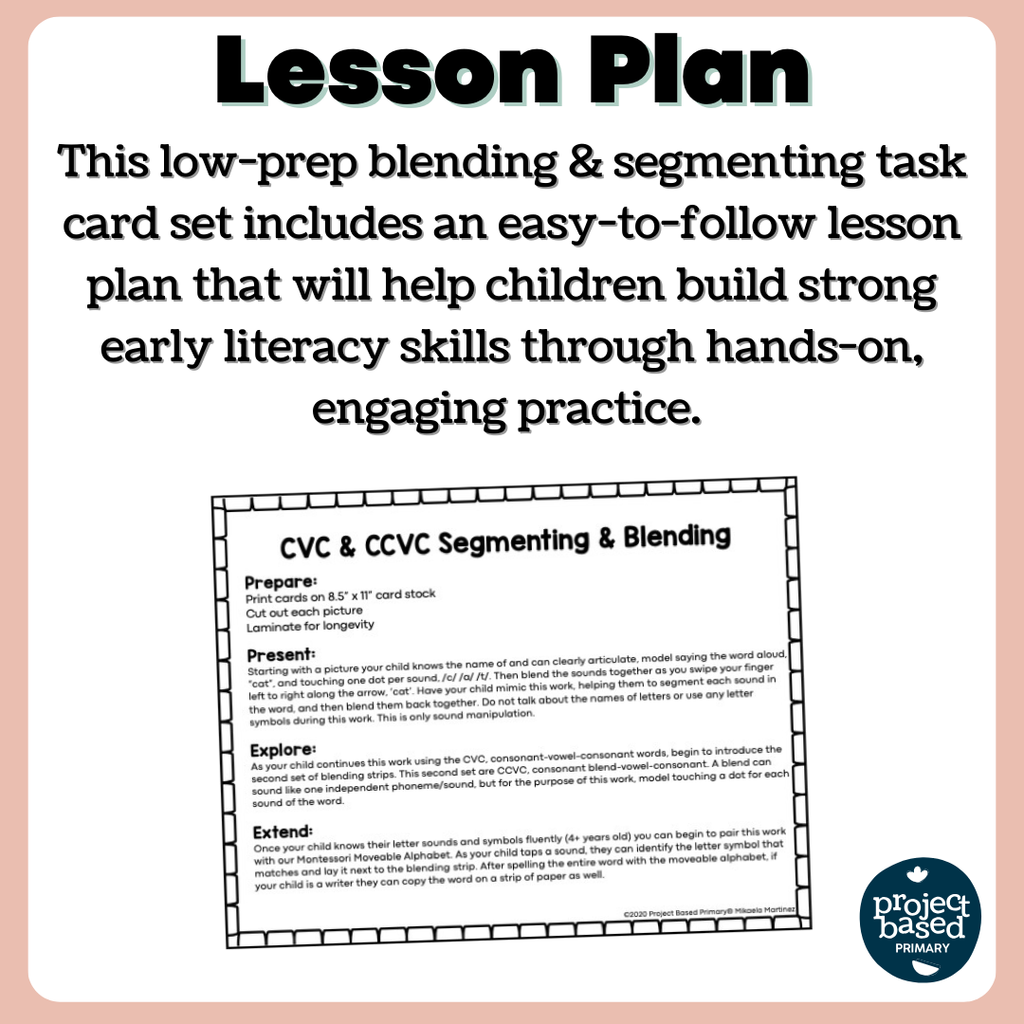 CVC & CCVC Segmenting & Blending Task Cards (Montessori Aligned)