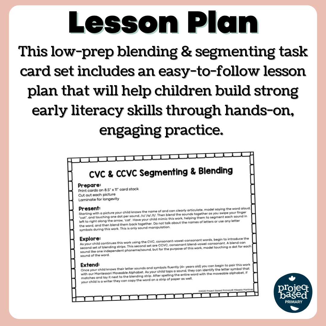 CVC & CCVC Segmenting & Blending Task Cards (Montessori Aligned)