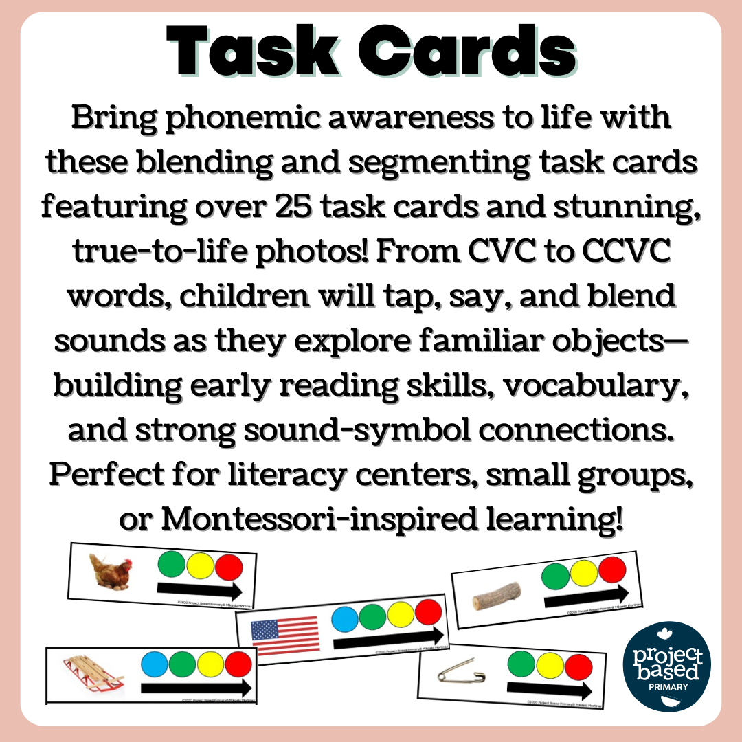 CVC & CCVC Segmenting & Blending Task Cards (Montessori Aligned)