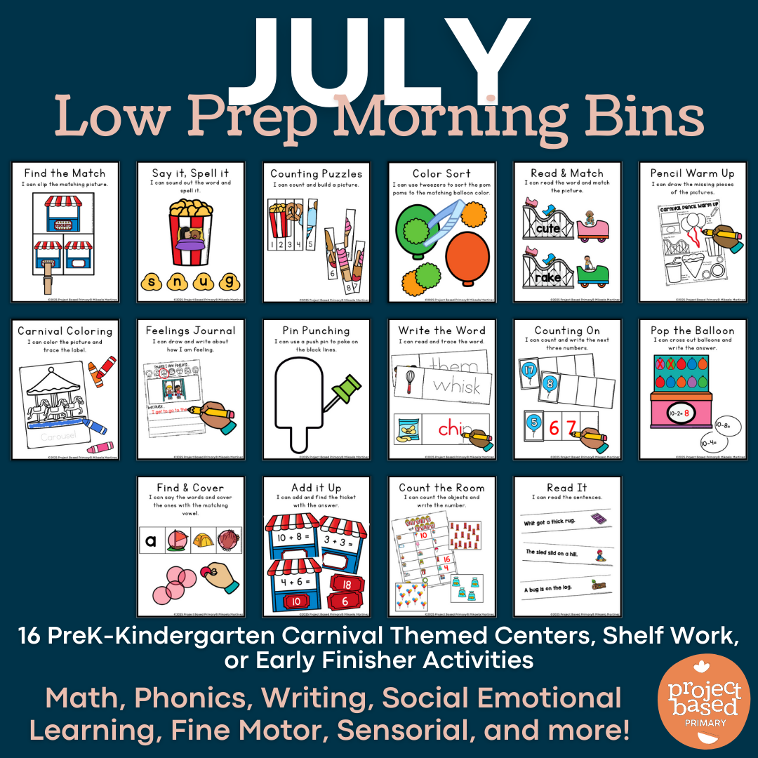 July Low Prep Preschool Kindergarten Morning Bins Shelf Work