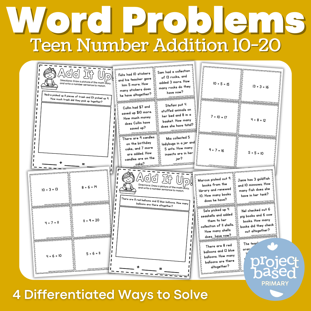 Teen Number Addition Word Problem Task Cards and Draw to Solve