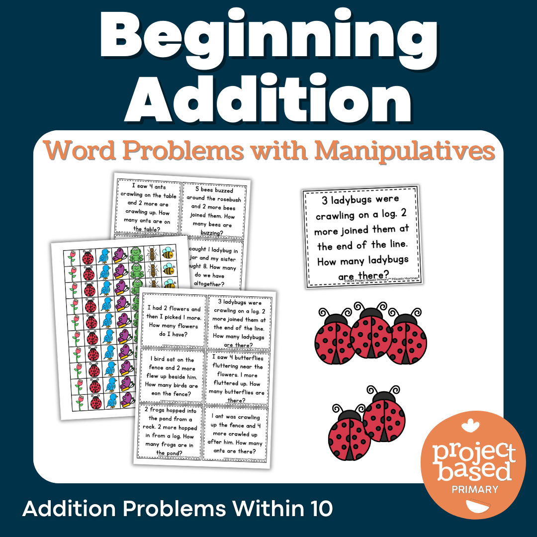 Beginning Addition Word Problem Task Cards with Manipulatives