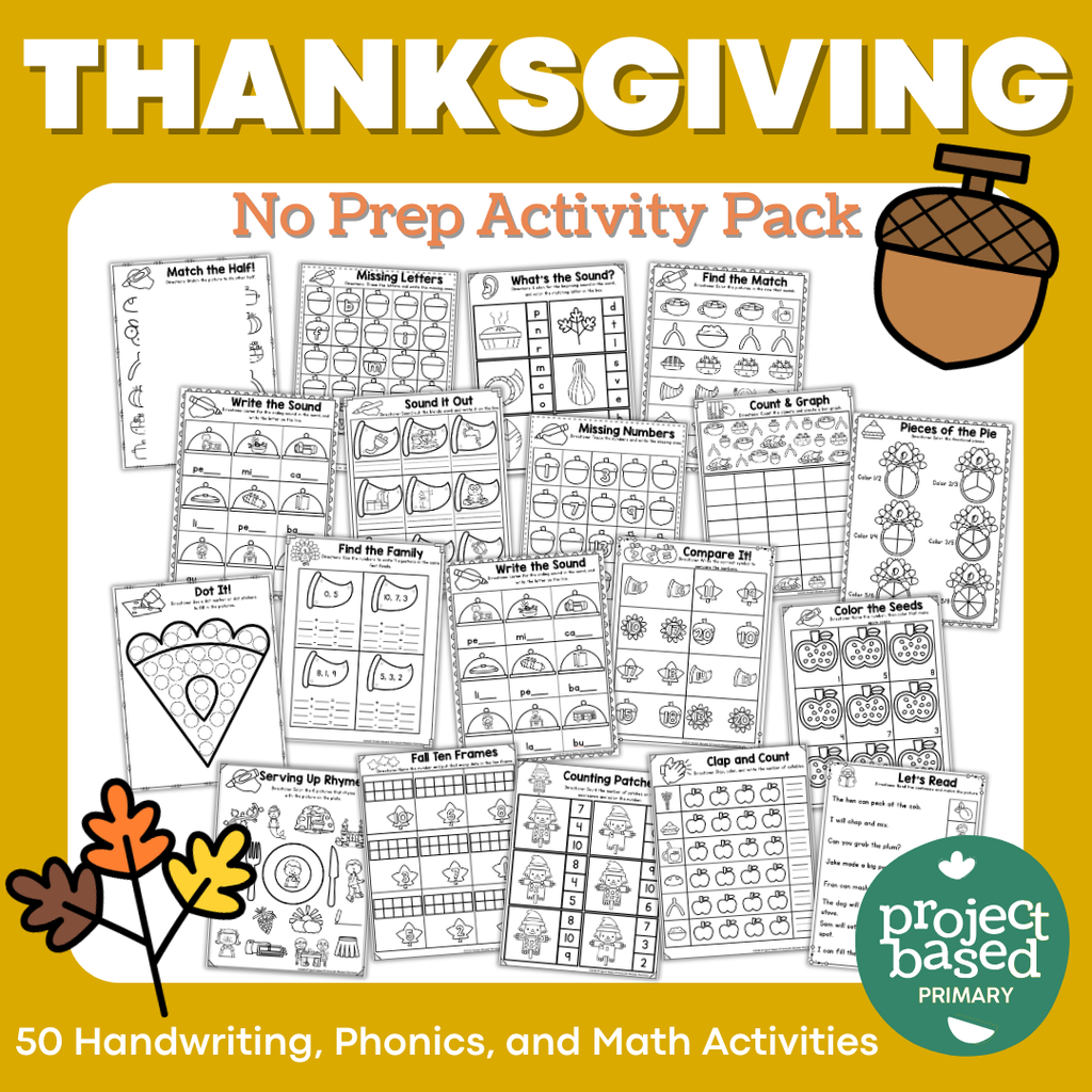 Thanksgiving No-Prep Activity Pack Fine Motor, Handwriting, Phonics, and Math
