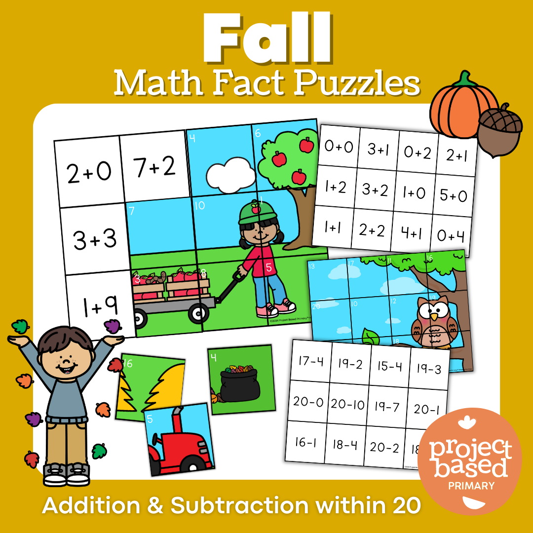 Fall Addition and Subtraction Math Fact Puzzles 0-20