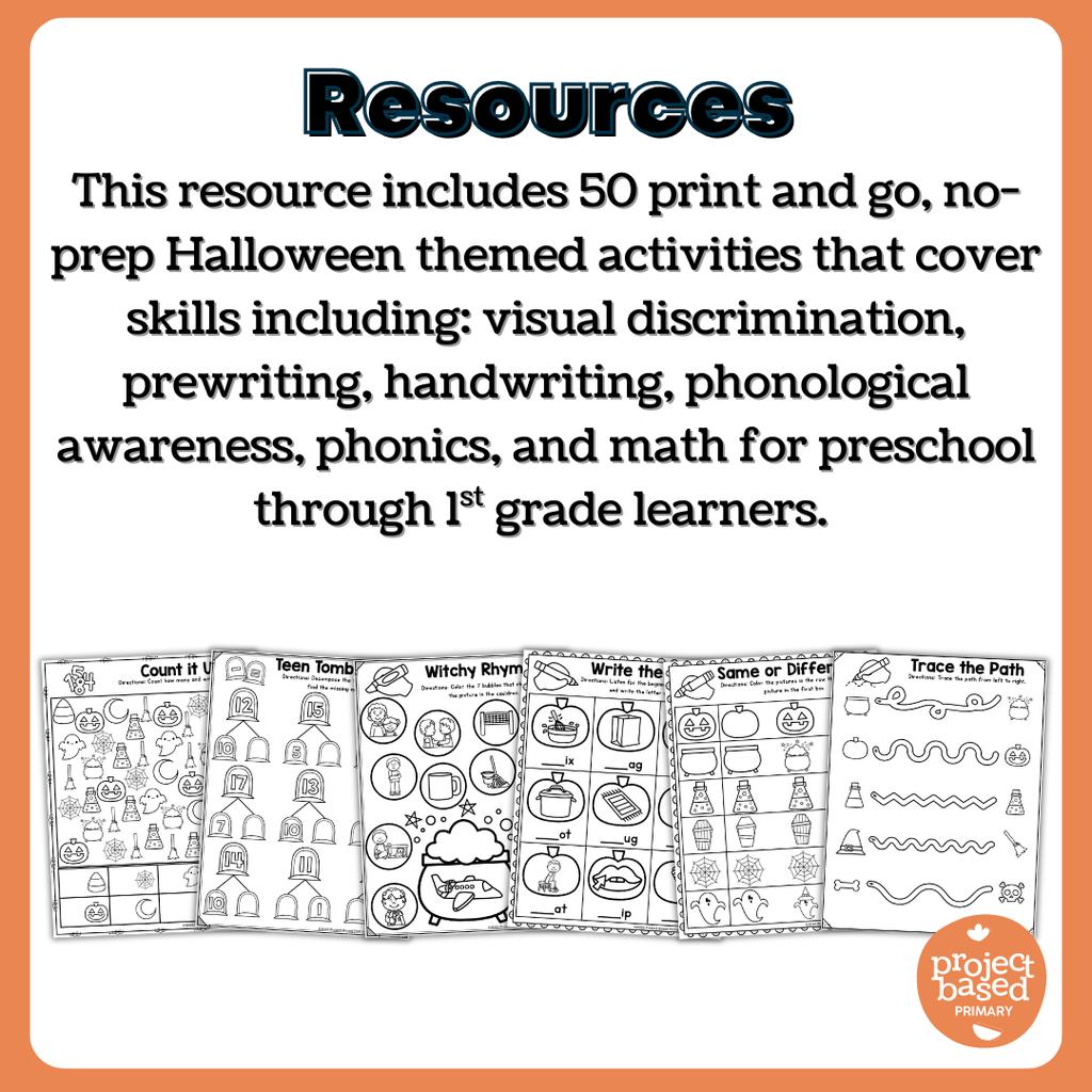 Halloween No-Prep Activity Pack Fine Motor, Handwriting, Phonics, and Math