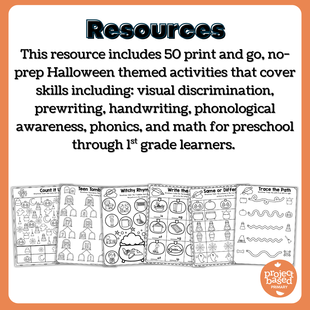 Halloween No-Prep Activity Pack Fine Motor, Handwriting, Phonics, and Math