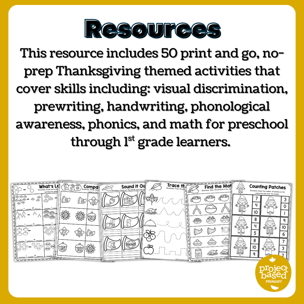 Thanksgiving No-Prep Activity Pack Fine Motor, Handwriting, Phonics, and Math