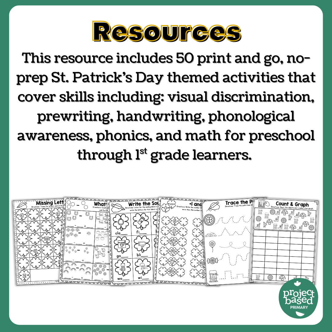 St. Patrick's Day No-Prep Activity Pack Fine Motor, Handwriting, Phonics, and Math