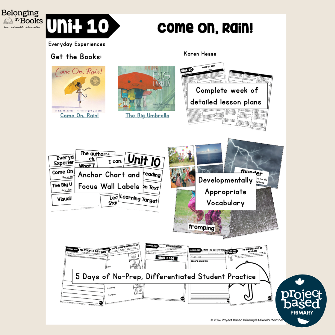 Come On Rain Belonging in Books™ Reading Comprehension Week-Long Unit