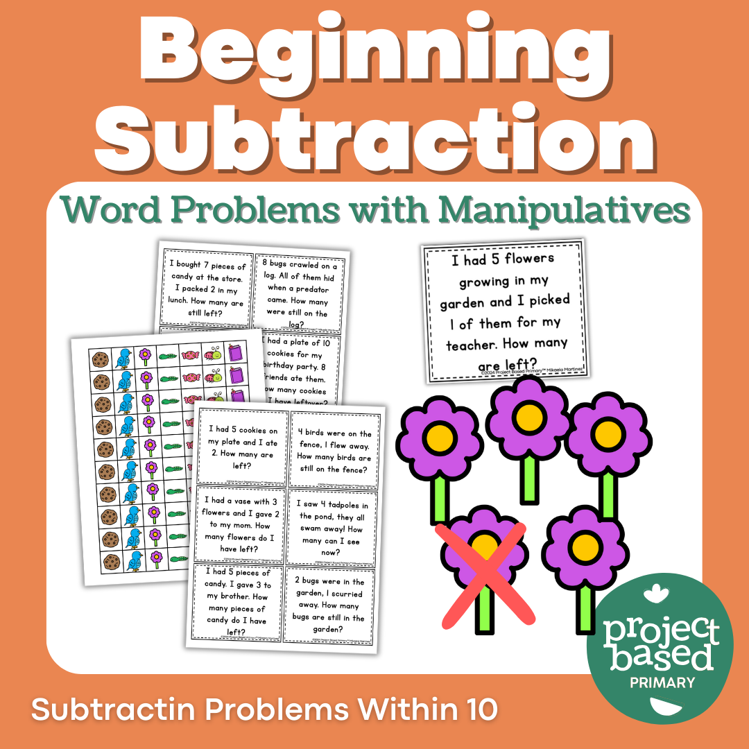 Beginning Subtraction Word Problem Task Cards with Manipulatives