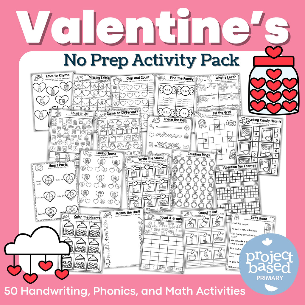 Valentine's Day No-Prep Activity Pack Fine Motor, Handwriting, Phonics, and Math