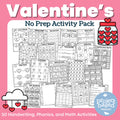 Valentine's Day No-Prep Activity Pack Fine Motor, Handwriting, Phonics, and Math