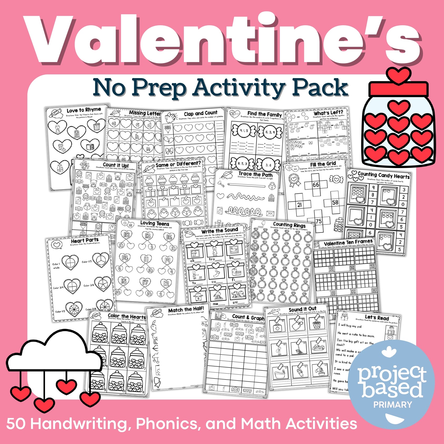 Valentine's Day No-Prep Activity Pack Fine Motor, Handwriting, Phonics, and Math