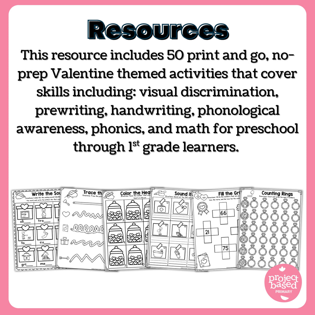Valentine's Day No-Prep Activity Pack Fine Motor, Handwriting, Phonics, and Math