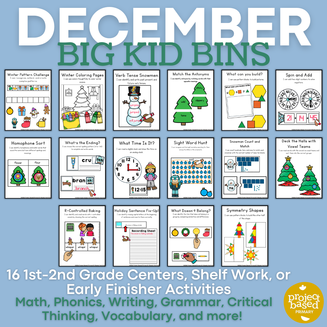 December Big Kid Bins Low-Prep Shelf Work and Centers for 1st-2nd Grade