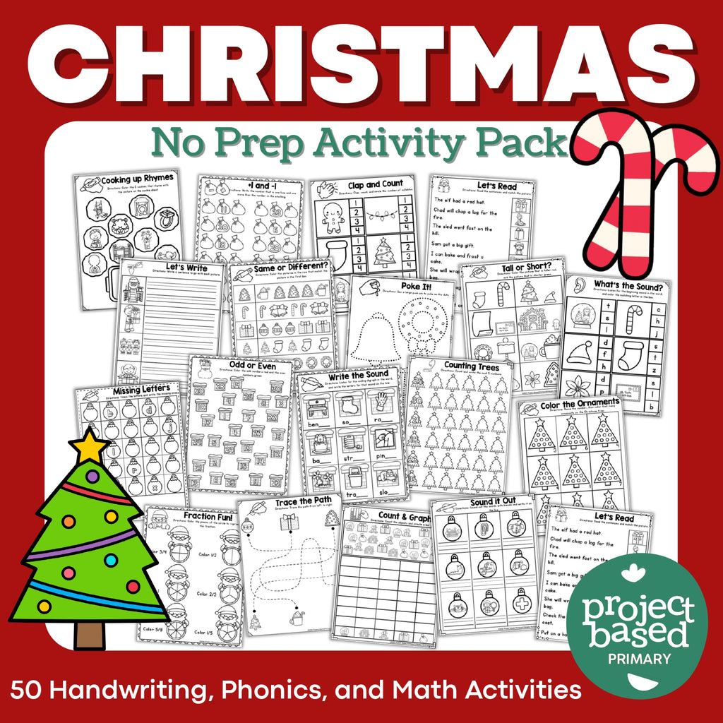 Christmas No-Prep Activity Pack Fine Motor, Handwriting, Phonics, and Math