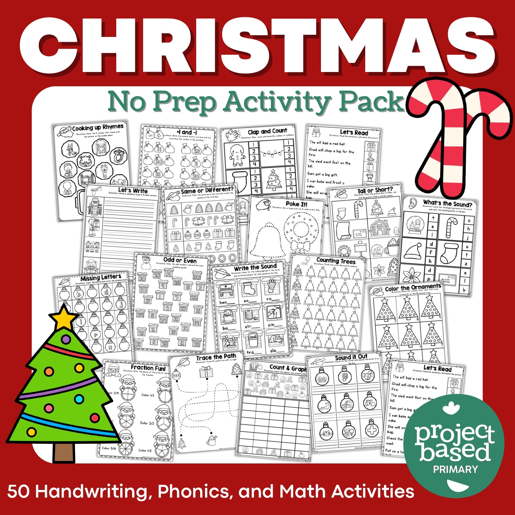 Christmas No-Prep Activity Pack Fine Motor, Handwriting, Phonics, and Math