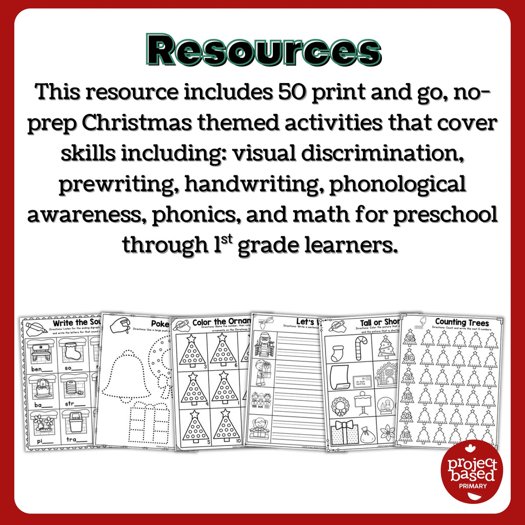 Christmas No-Prep Activity Pack Fine Motor, Handwriting, Phonics, and Math