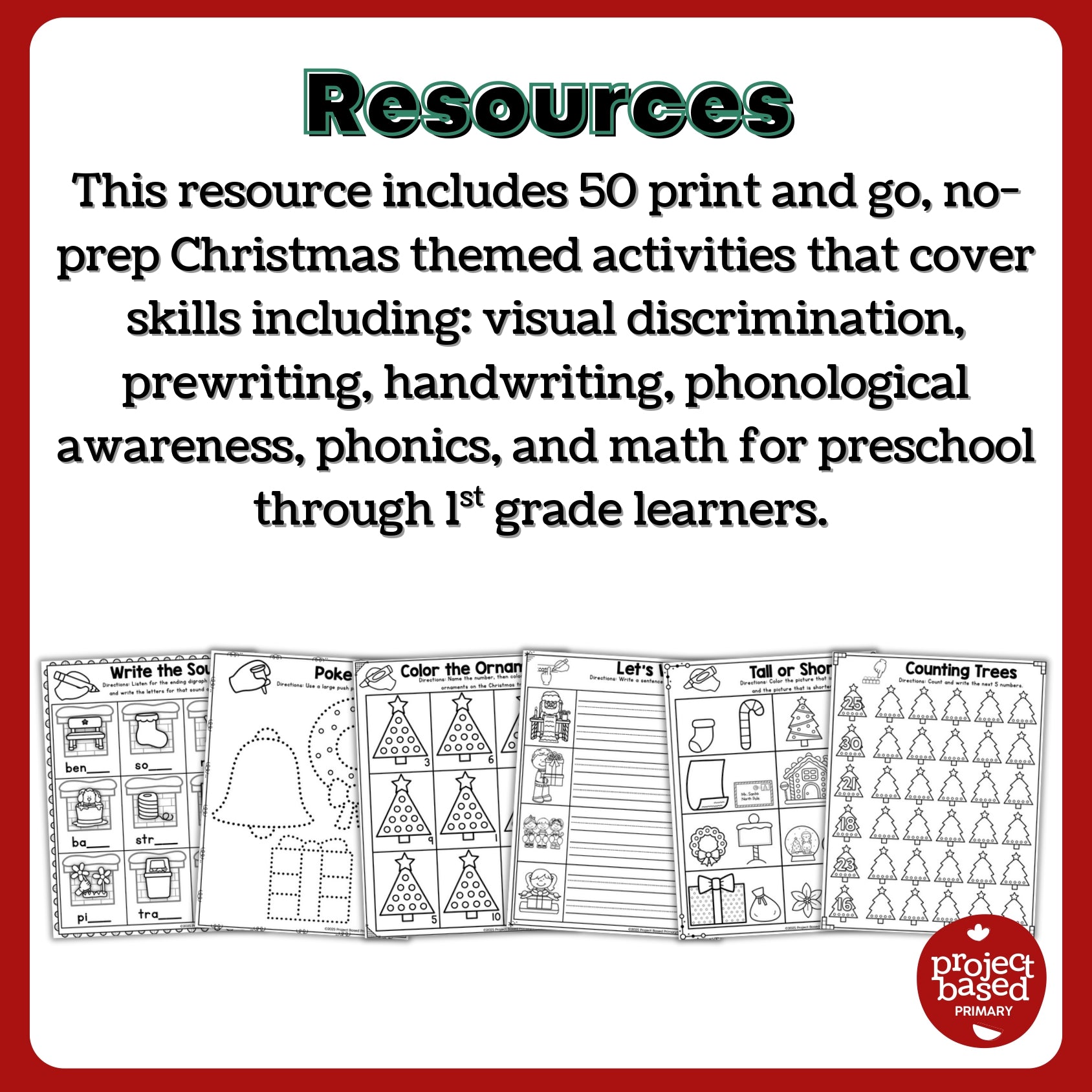 Christmas No-Prep Activity Pack Fine Motor, Handwriting, Phonics, and Math