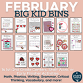February Big Kid Bins Low-Prep Shelf Work and Centers for 1st-2nd Grade