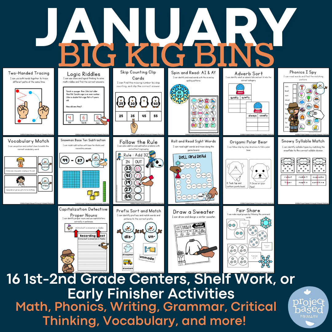 January Big Kid Bins Low-Prep Shelf Work and Centers for 1st-2nd Grade