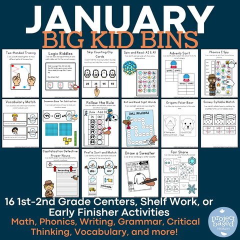 January Big Kid Bins Low-Prep Shelf Work and Centers for 1st-2nd Grade