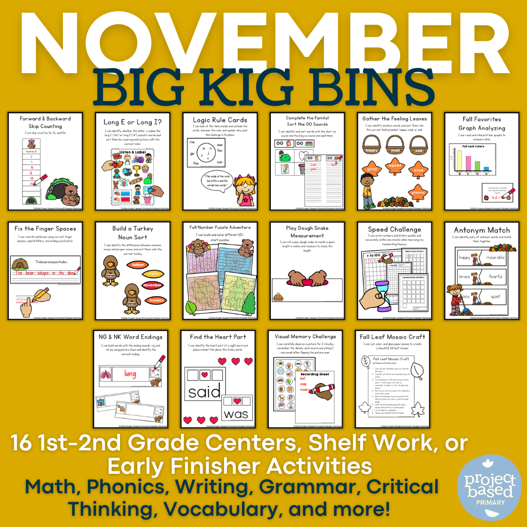 November Big Kid Bins Low-Prep Shelf Work and Centers for 1st-2nd Grade
