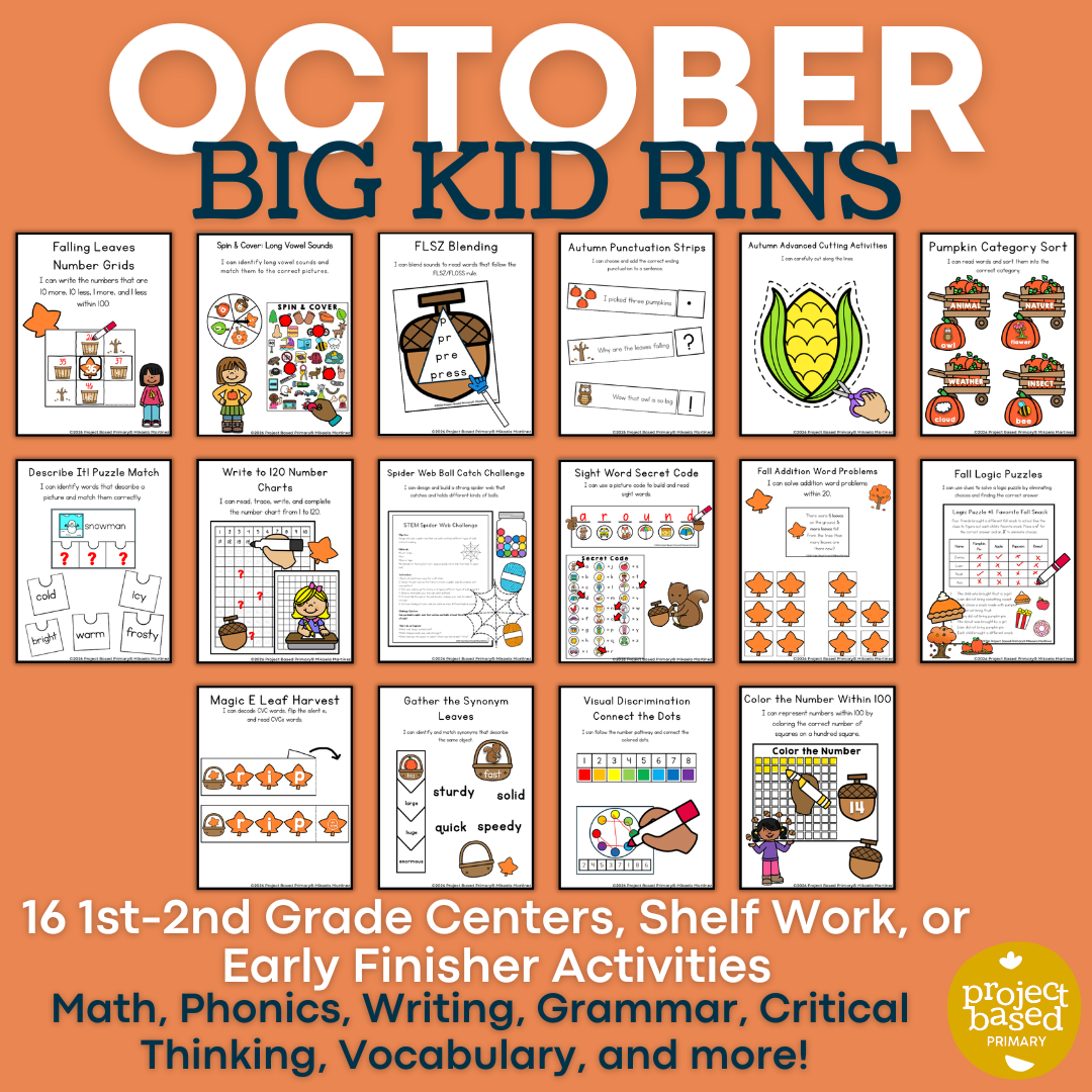 October Big Kid Bins Low-Prep Shelf Work and Centers for 1st-2nd Grade