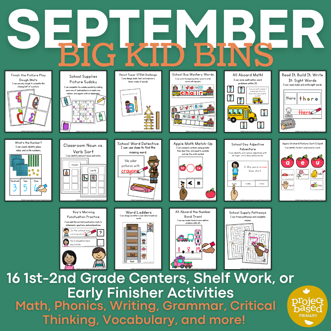 September Big Kid Bins Low-Prep Shelf Work and Centers for 1st-2nd Grade